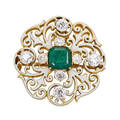 Antique emerald  white enameled yellow gold pendant brooch