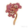 18kt Gold Ruby and Diamond Flower Brooch Jean Vitau