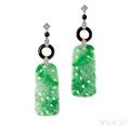 White Gold Carved Jade Diamond and Onyx Earpendants