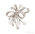 Platinum Cultured Pearl and Diamond Bow PendantBrooch