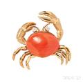 18kt Gold Coral and Diamond Crab Brooch