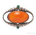 Silver Amber and Malachite Brooch