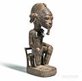 Baulestyle Carved Wood Seated Figure with Cowrie Shell and Bead Necklace