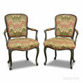 Pair Louis XV Greenpainted and Upholstered Fauteuil