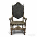 Baroquestyle Carved Walnut and Embossed Leather Armchair