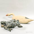 Polychrome Pottery Frog and a Carved Wood Swan