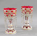 Pair of White Cut to Cranberry Glass Lusters