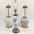 Three Chinese Blue and White Pottery Lamps