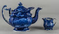 Historical blue Staffordshire Wadsworth Tower teapot and creamer 19th c