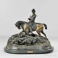 After PierreJules Mene French 18101879 Bronze Figural Group of a Horseman with Hounds