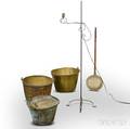 Three Brass Buckets a Bedwarmer and a Floor Lamp