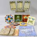 Five Arts and Crafts Slag Glass Panels and Eleven Glazed Ceramic Tiles