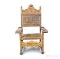 Renaissancestyle Carved Walnut and Embossed Leather Throne Chair