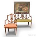 Federalstyle Carved Mahogany Doubleback Settee Armchair and Framed Tapestry