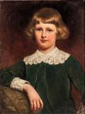 American School 19th Century Child in Green Velvet with a Lace Collar and Cuffs