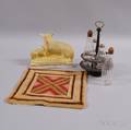 Chalkware Figure of a Sheep and Lamb a Cruet Set and a Needlepoint Mat
