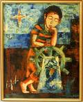 Francisco Pujol Spanish b 1927 Child Resting on the Wheel of a Ship