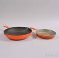 Two Orangeenameled Cast Iron Frying Pans