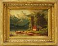 Continental School 19th20th Century Lakeside Cottage Scene