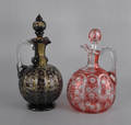 Two overlay glass decanters