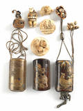 Three Japanese lacquer inro together with seven carved ivory netsukes