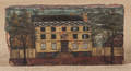 Painted brick depicting a street with a yellow house identified verso as the  Mansion built by Garret Van Sante