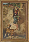 Oil on canvas of a boy escaping from a guard dog