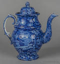 Historical blue Staffordshire Lafayette at Franklins Tomb coffee pot 19th c