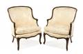Pair of Louis XV Style Damask Upholstered Bergeres