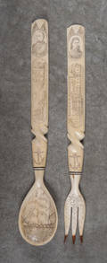 Scrimshaw decorated ivory salad spoon and fork