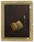 American oil on canvas still life with a candle and book