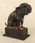 Cast iron  Bull Dog  mechanical bank manufactured by J  E Stevens Company