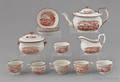 Red transferware eagle and ship tea service 19th c