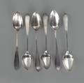 Set of six Philadelphia or Lancaster silver teaspoons ca 1780