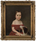 American oil on canvas portrait of a girl with a dog ca 1840