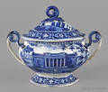 Historical blue Staffordshire Exchange Charleston covered sauce boat 19th c