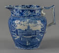 Historical blue Staffordshire Boston State House and City Hall New York pitcher 19th c