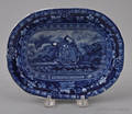 Historical blue Staffordshire Arms of Massachusetts serving dish 19th c