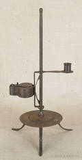 Continental wrought iron fat lamp on stand early 19th c