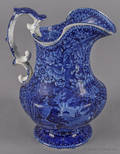 Historical blue Staffordshire Lafayette at Franklins Tomb pitcher 19th c