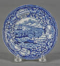 Historical blue Staffordshire Landing of the Fathers at Plymouth toddy plate 19th c