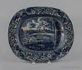 Historical blue Staffordshire Upper Ferry Bridge over the River Schuylkill turkey platter 19th c