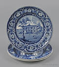 Three historical blue Staffordshire Library Philadelphia plates 19th c