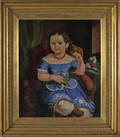 Oil on canvas portrait of a young girl in a blue dress mid 19th c
