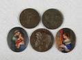 Two miniature painted porcelain plaques together with three bronze medallions