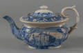 Historical blue Staffordshire Exchange Coffee HouseIndia House Boston teapot 19th c