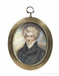 Miniature English watercolor portrait on ivory of clockmaker Daye Barker 17471835 housed in an engraved brass frame inscribed with sitters name verso 3 14 x 2 12