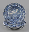 Five historical blue Staffordshire Fair Mount near Philadelphia soup bowls 19th c