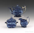 Historical blue Staffordshire Eagle and Shield Boston Harbor threepiece tea service 19th c