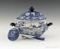 Historical blue Staffordshire Alms House Boston tureen and ladle 19th c